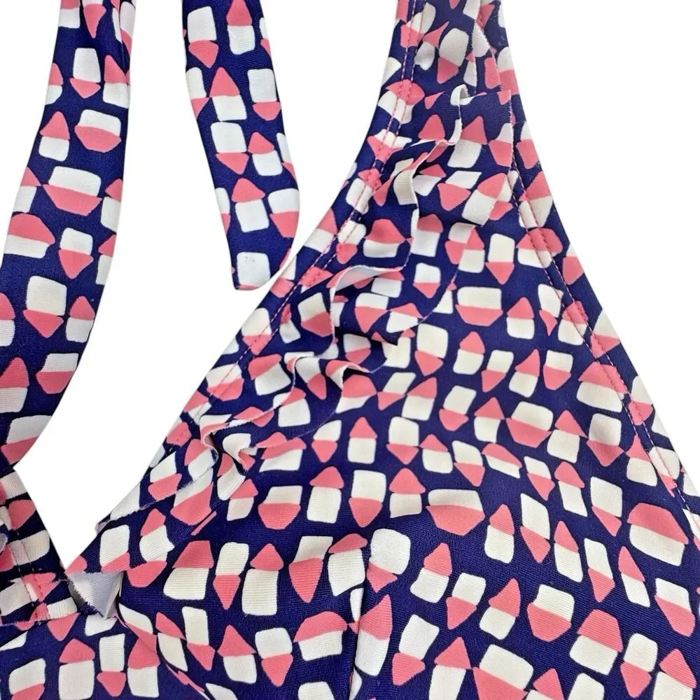 Boden Ruffle Halter Bikini Swim Top Pink Navy Geo Print US 6 Resort Beach